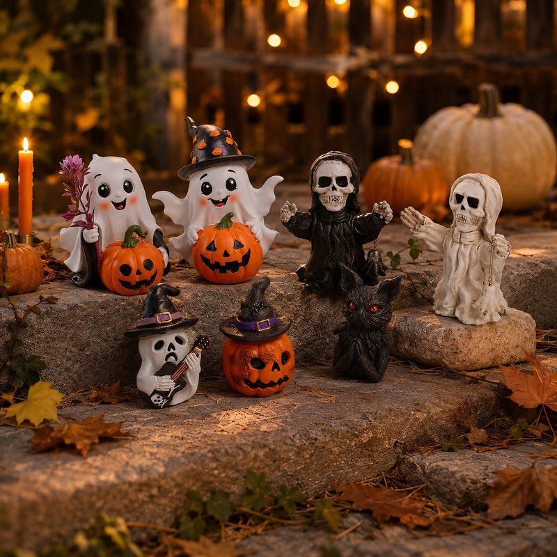 Halloween Ghost Pumpkin Skeleton Black Cat Resin Figurine