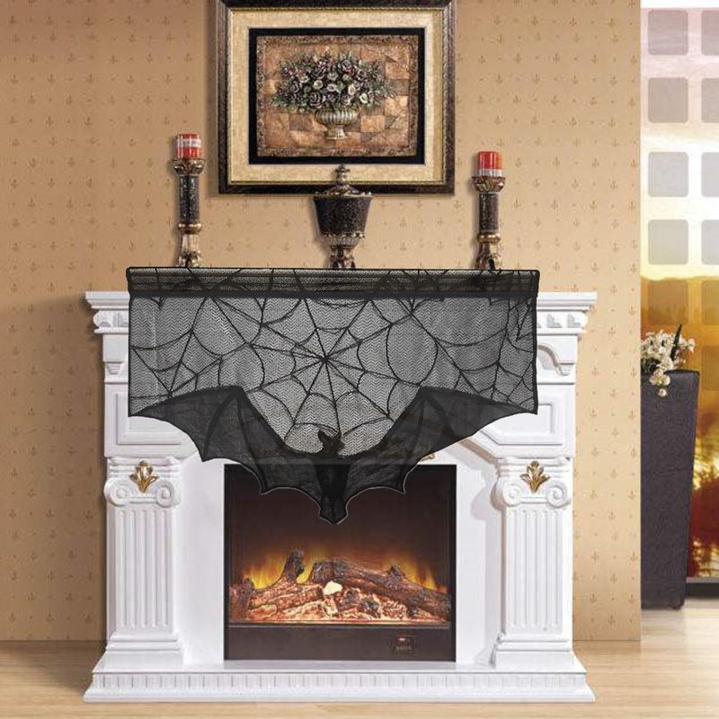 Halloween Black Lace Spider Web Bat Curtain Tablecloth